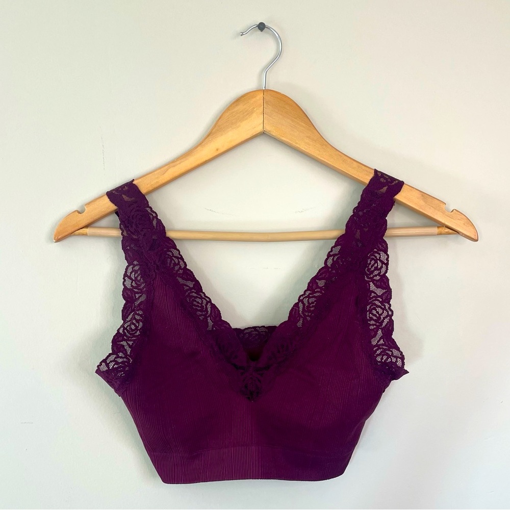 Victoria’s Secret PINK Lace Bralette Stretchy Ribbed Burgundy Deep Red